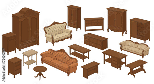 Classic furniture collection with elegant sofas and wooden cabinets in isomet…