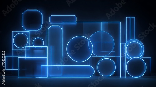 Luminescent geometric neon art: A collection of radiant, blue-edged shapes (rectangles, circles, rounded designs) glows against a dark backdrop. Translucent elements create a vibrant, modern display