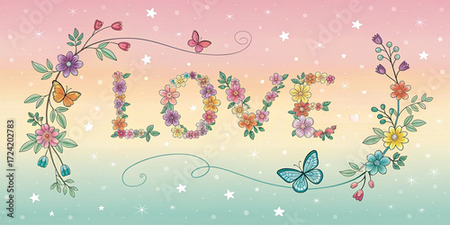 A pastel gradient background ranging from pink, yellow, soft green to sky blue, dotted with small, glittering gold stars. In the center, the word 