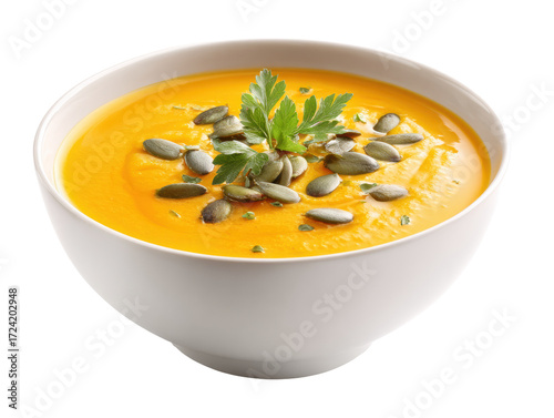 Creamy pumpkin soup with pumpkin seeds and fresh herbs for fall on a transparent background, cut out