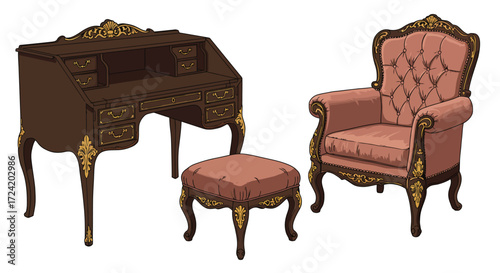 Elegant vintage furniture set with ornate armchair, desk, and ottoman