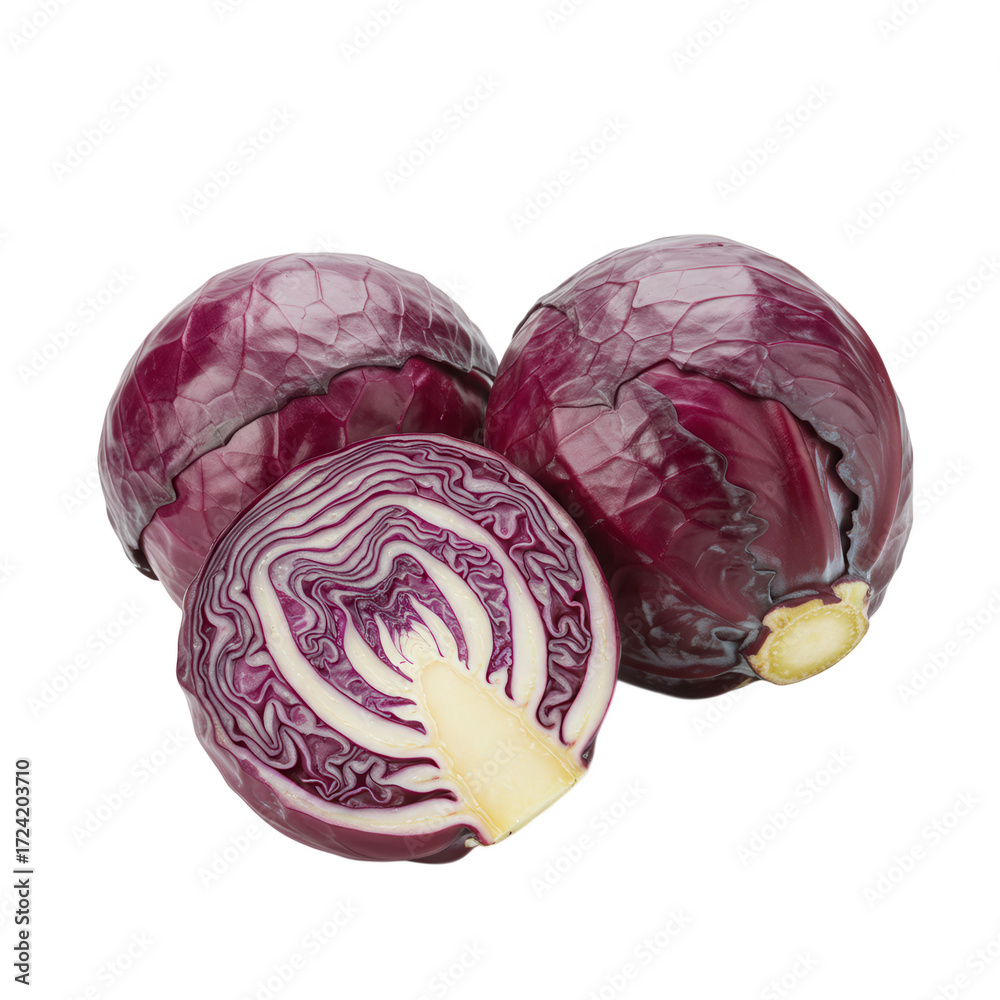 Fototapeta premium Two whole red cabbages and one half isolated on transparent background