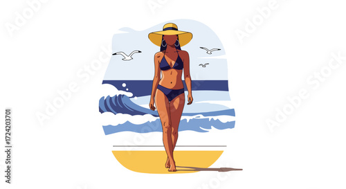 Flat style illustration of a woman in a bikini walking along the beach with waves and seagulls, symbolizing summer vacation, relaxation, seaside lifestyle, and coastal travel inspiration