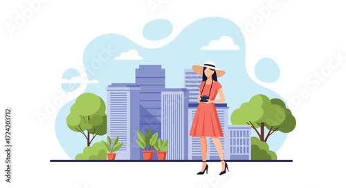 Flat style illustration of a stylish woman with a camera exploring the city, representing urban tourism, photography, summer lifestyle, fashion, and modern travel inspiration