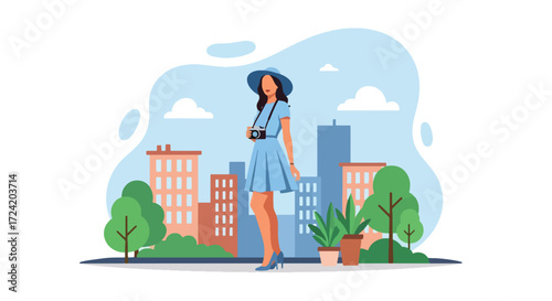 Flat style illustration of a stylish woman with a camera exploring the city, representing urban tourism, photography, summer lifestyle, fashion, and modern travel inspiration