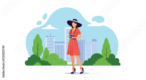 Flat style illustration of a stylish woman with a camera exploring the city, representing urban tourism, photography, summer lifestyle, fashion, and modern travel inspiration