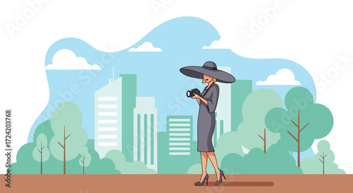 Flat style illustration of a stylish woman with a camera exploring the city, representing urban tourism, photography, summer lifestyle, fashion, and modern travel inspiration
