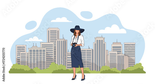 Flat style illustration of a stylish woman with a camera exploring the city, representing urban tourism, photography, summer lifestyle, fashion, and modern travel inspiration