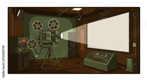 Vintage cinema projector room with retro equipment and film reels