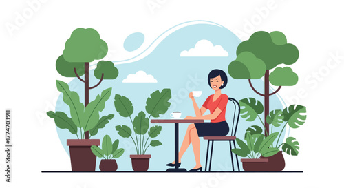 Flat style illustration of a woman enjoying coffee at an outdoor café with city skyline in the background, symbolizing urban lifestyle, relaxation, leisure, and modern city living
