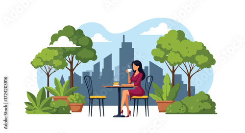Flat style illustration of a woman enjoying coffee at an outdoor café with city skyline in the background, symbolizing urban lifestyle, relaxation, leisure, and modern city living