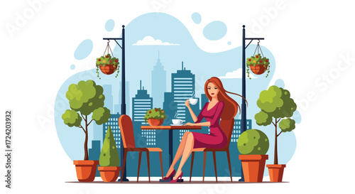 Flat style illustration of a woman enjoying coffee at an outdoor café with city skyline in the background, symbolizing urban lifestyle, relaxation, leisure, and modern city living