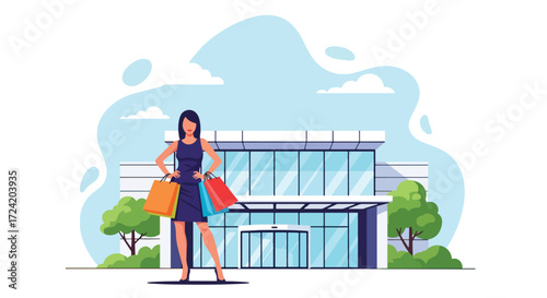 Flat style illustration of a fashionable woman standing with shopping bags in front of a modern mall, symbolizing retail therapy, lifestyle, fashion, leisure, and consumer culture