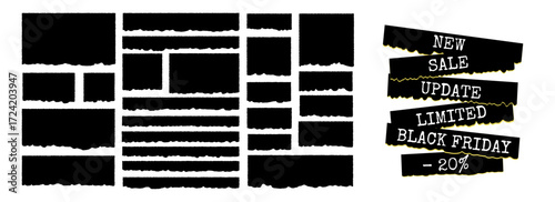 Torn paper rectangles with rough edges for collage and label design. Vector illustration on an isolated background