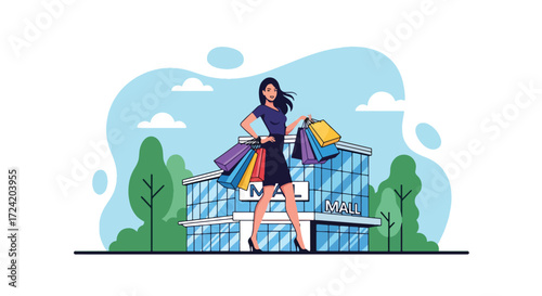 Flat style illustration of a fashionable woman standing with shopping bags in front of a modern mall, symbolizing retail therapy, lifestyle, fashion, leisure, and consumer culture