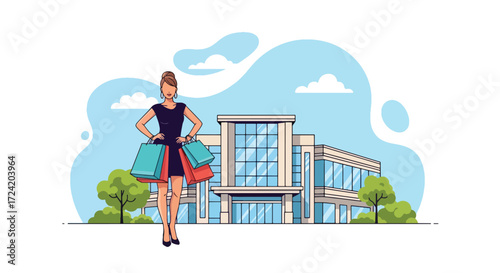 Flat style illustration of a fashionable woman standing with shopping bags in front of a modern mall, symbolizing retail therapy, lifestyle, fashion, leisure, and consumer culture