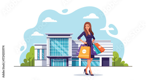 Flat style illustration of a fashionable woman standing with shopping bags in front of a modern mall, symbolizing retail therapy, lifestyle, fashion, leisure, and consumer culture