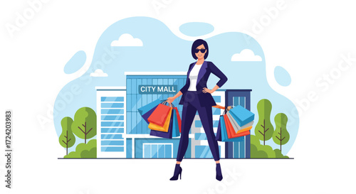 Flat style illustration of a fashionable woman standing with shopping bags in front of a modern mall, symbolizing retail therapy, lifestyle, fashion, leisure, and consumer culture