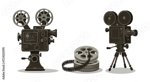 Vintage film cameras and reels: retro cinema equipment illustration