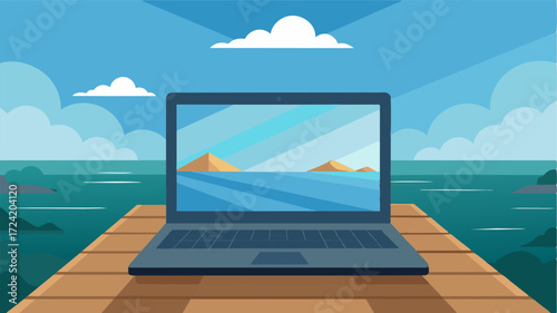 An open laptop sits perched on a wooden pier its screen displaying a serene ocean scene.. Vector illustration