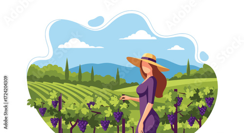Flat style illustration of a woman in a hat standing in a vineyard with grapevines, symbolizing wine production, agriculture, farming, and rural lifestyle