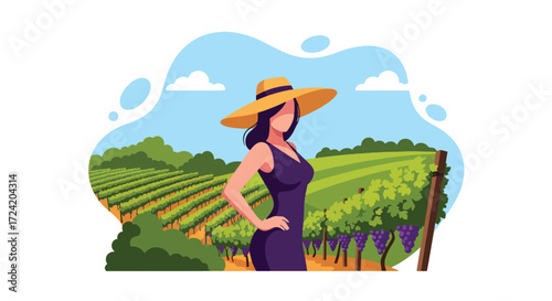 Flat style illustration of a woman in a hat standing in a vineyard with grapevines, symbolizing wine production, agriculture, farming, and rural lifestyle