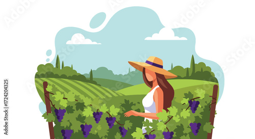 Flat style illustration of a woman in a hat standing in a vineyard with grapevines, symbolizing wine production, agriculture, farming, and rural lifestyle