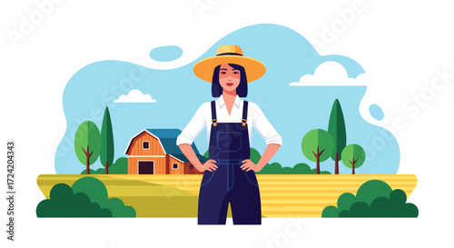 Flat style illustration of a confident woman farmer in overalls and hat standing in front of a barn and fields, symbolizing agriculture, farming, sustainability, and rural lifestyle