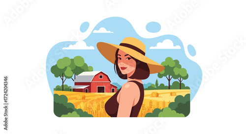 Flat style illustration of a confident woman farmer in overalls and hat standing in front of a barn and fields, symbolizing agriculture, farming, sustainability, and rural lifestyle