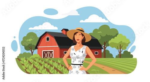 Flat style illustration of a confident woman farmer in overalls and hat standing in front of a barn and fields, symbolizing agriculture, farming, sustainability, and rural lifestyle