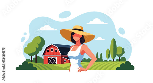 Flat style illustration of a confident woman farmer in overalls and hat standing in front of a barn and fields, symbolizing agriculture, farming, sustainability, and rural lifestyle