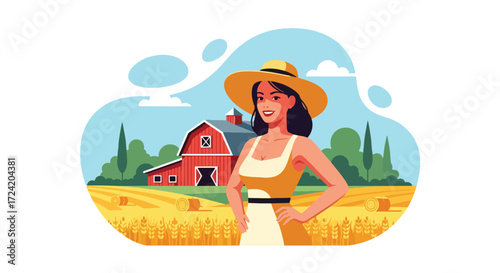 Flat style illustration of a confident woman farmer in overalls and hat standing in front of a barn and fields, symbolizing agriculture, farming, sustainability, and rural lifestyle