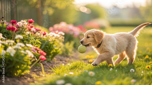 Golden Puppy’s Playful Stroll: A golden puppy, with ball in mouth, frolics joyously in a sun-kissed garden. The scene depicts a joyful moment with a small.