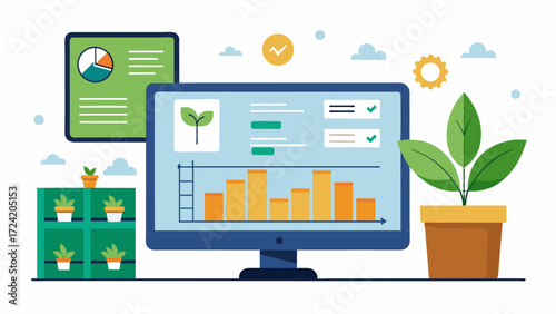 A computerized inventory management system that tracks plant growth yields and supply levels.. Vector illustration