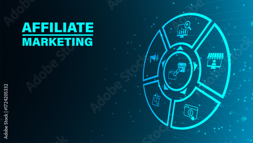 Affiliate marketing concept with icons. Pay per click, buyer, publisher, link, advertising, website, SEO, merchant. Web vector infographic