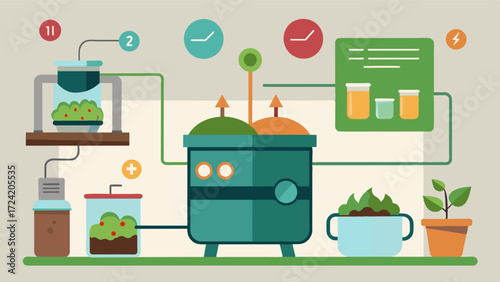 A compost teabrewing system that uses a combination of sensors and timers to ensure the proper brewing time and temperature for maximum microbial activity.. Vector illustration