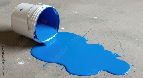 Spilled blue paint bucket on a concrete floor