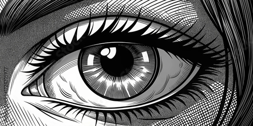 Close-up of a detailed, high-contrast comic-style eye illustration, using black and white ink with a focus on intricate linework, emphasizing the eyelashes, iris, and shading around the eye.