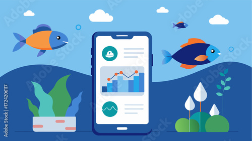 A mobile app that utilizes data from smart sensors to track changes in water quality and alert fish farmers of potential issues.. Vector illustration