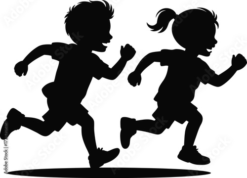 Running Children Illustration Vector Black Art Isolated Kids
