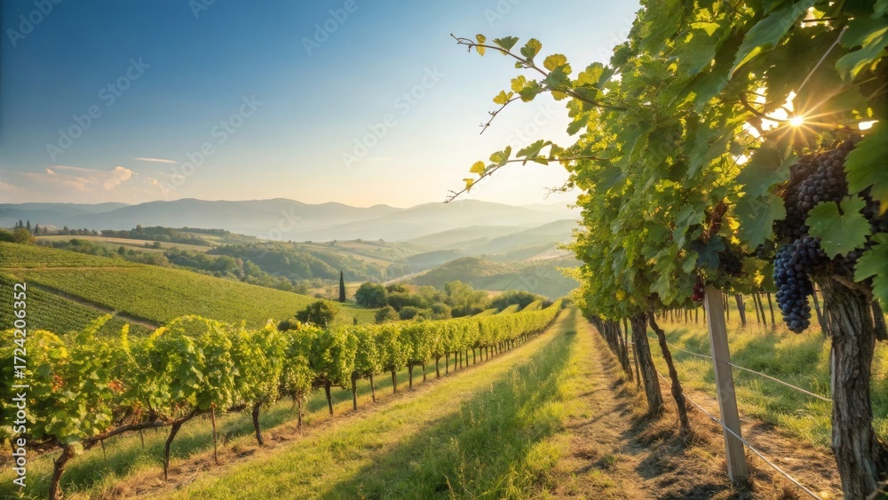 Fototapeta premium Vineyard's Sunlit Rows: Gaze upon a picturesque vineyard with sun-drenched grapevines stretching towards a horizon of rolling hills and a bright blue sky.