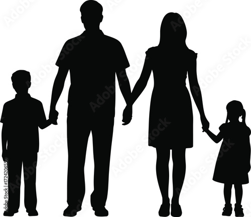 Family Illustration Vector Isolated Black Art: Parents Holding Children Hands