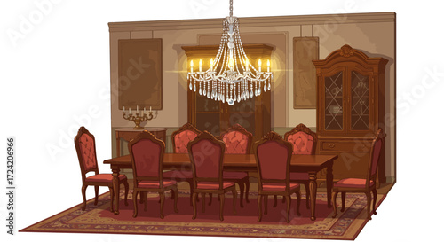 Elegant dining room with chandeliers and classic wooden furniture