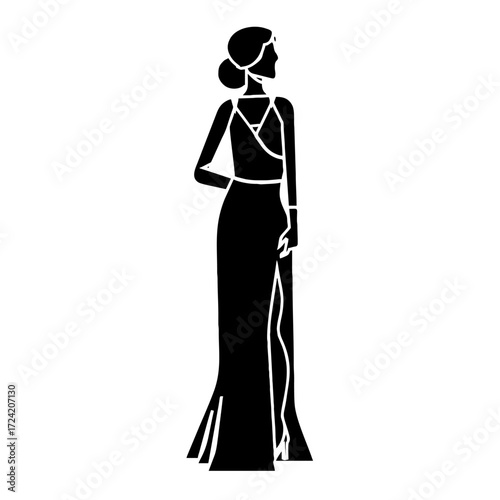 Vector illustration of black silhouette of business people (man in suit, woman in dress) standing