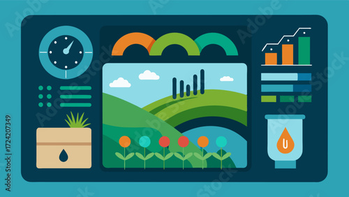 A dashboard display showing irrigation system performance water usage and cost savings over time to help farmers track the success of their smart irrigation practices.. Vector illustration
