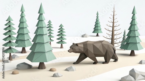 Abstract Bear in Winter Wonderland: A geometric bear traverses a serene winter landscape, surrounded by stylized pine trees and snow, conjuring a whimsical and modern aesthetic.