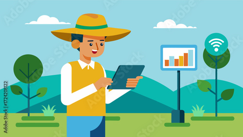 A farmer checks the status of his irrigation system remotely using a tablet to monitor the water levels and adjust accordingly.. Vector illustration
