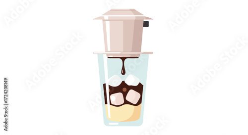 Traditional Vietnamese iced coffee preparation with a phin drip filter, a vector illustration of a refreshing beverage with condensed milk