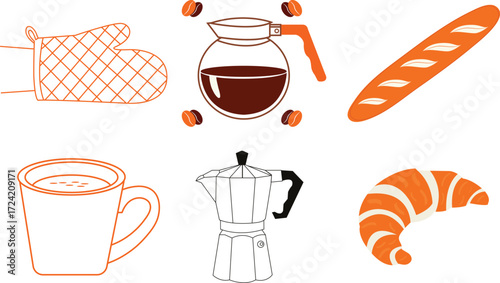 Brunch Vector Icons Set – Coffee, Croissant, Baguette, and Kitchen Elements