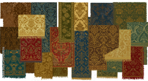 Colorful tapestry assortment with ornate damask patterns